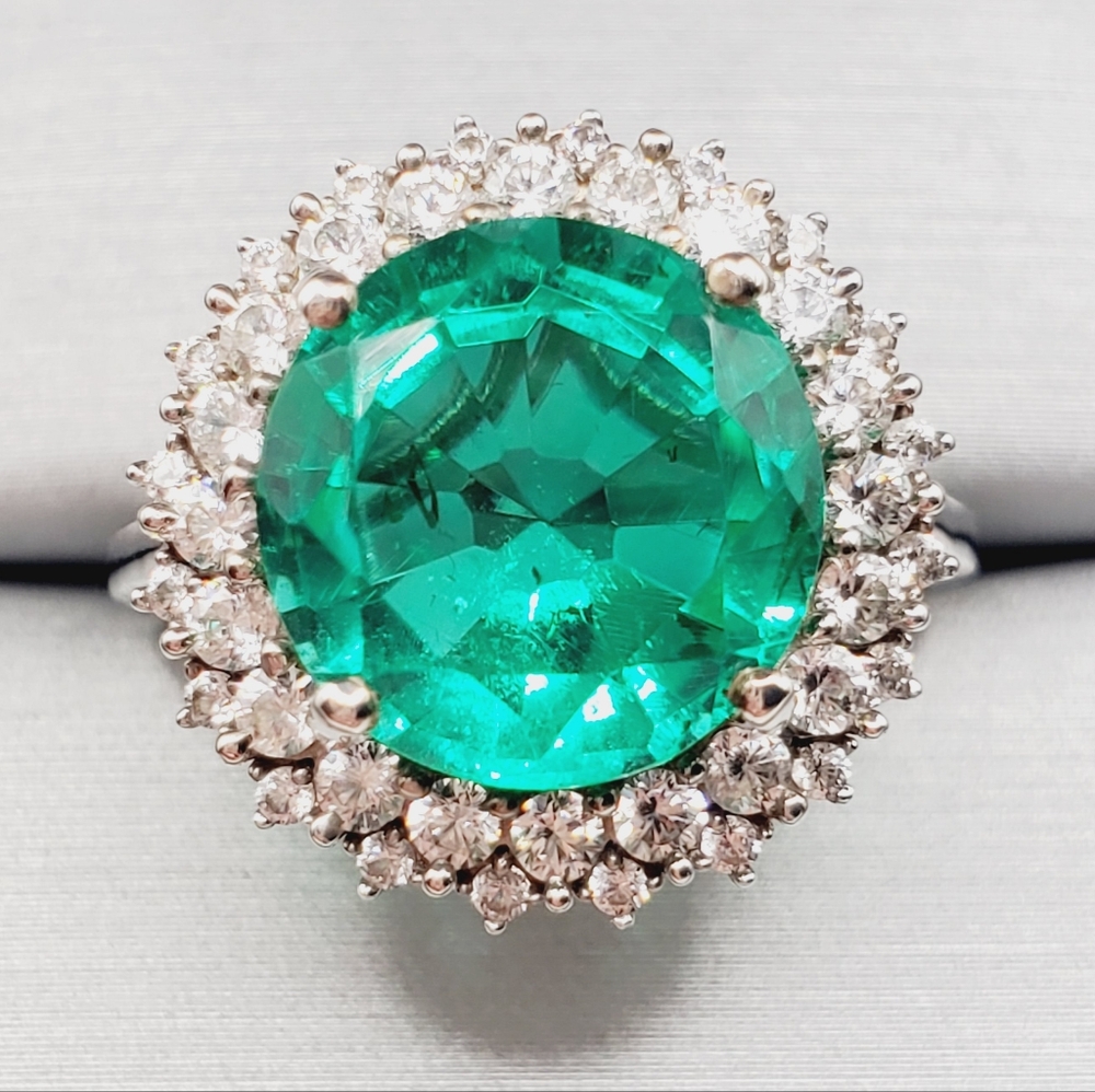 Emerald Green Quartz & White Zircon Sunburst Halo Ring Platinum Over Silver